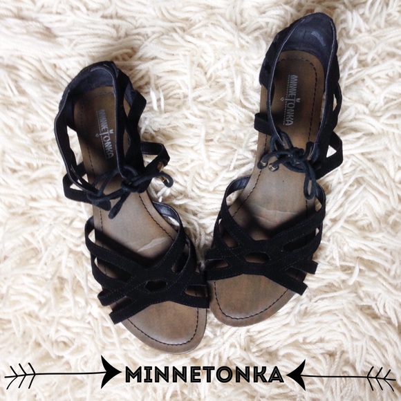 black suede MINNETONKA ankle tie gladiator sandals