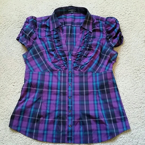 Purple Plaid button-up v-neck.