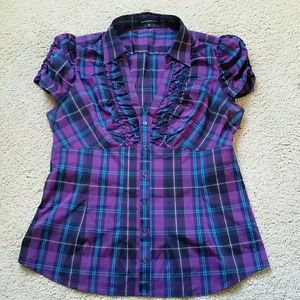 Purple Plaid button-up v-neck.