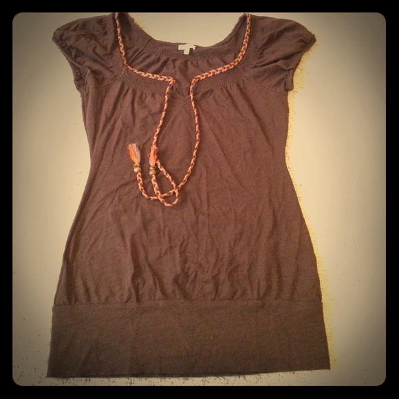 Brown Casual top with Orange Braided Neckline