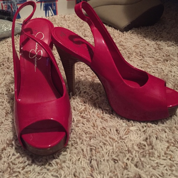 Red peep toe sling backs.