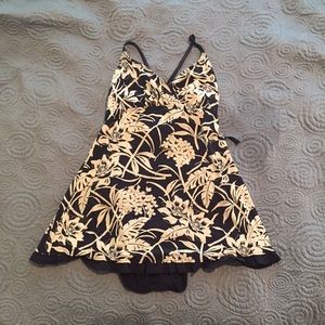 Blue and white floral, skirted swim suit