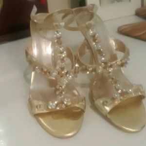 BCBG Gold jeweled strappy shoes