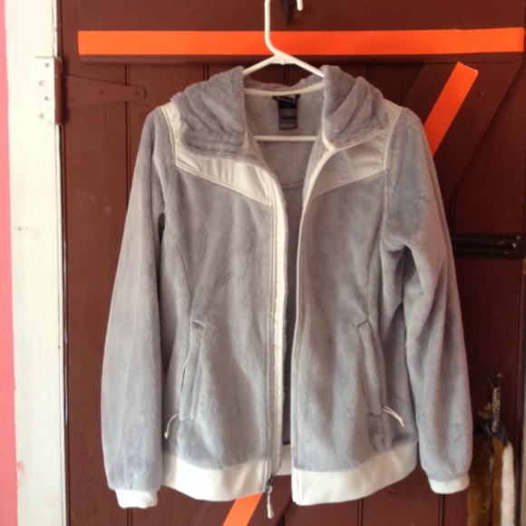 Hooded,grey,fleece Northface jacket.