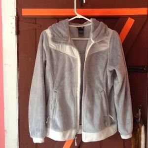 Hooded,grey,fleece Northface jacket.