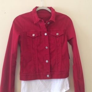 J Brand Slim Fit Overdyed Denim Jacket in Red