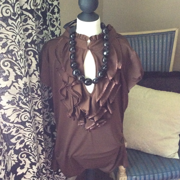 Brown Ruffle Keyhole Top