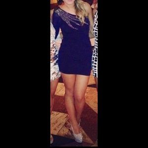 Navy, one shoulder embellished bodycon, small