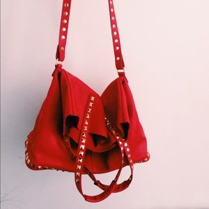 Red studded leather ZARA tote
