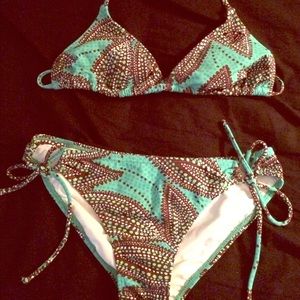 Blue, White, and Brown Printed Bikini