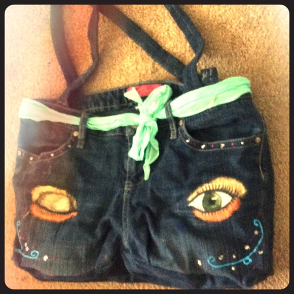 OOAK handmade denim purse painted artistic unique - Picture 1 of 4