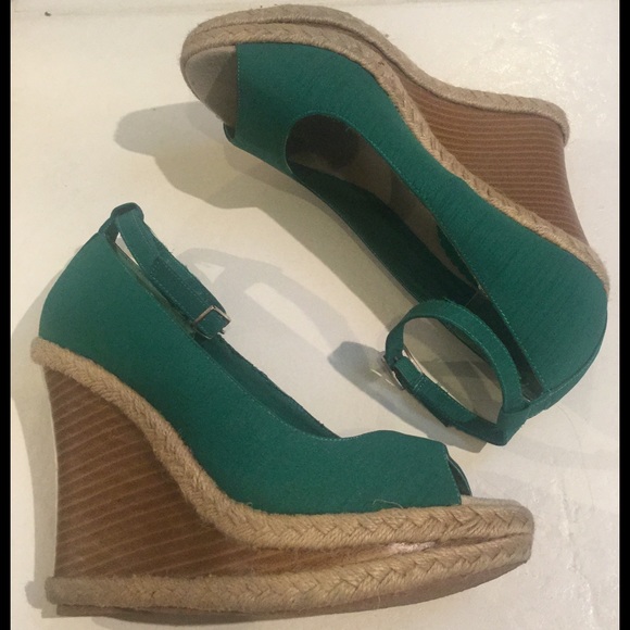 Colin Stuart green, wood heel wedges