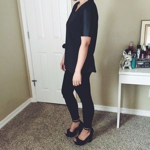 Grey and black leather sleeved shirt