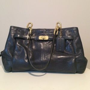 Deep blue leather COACH bag w. light blue interior