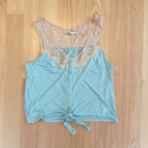 Teal front tie top with nude lace.