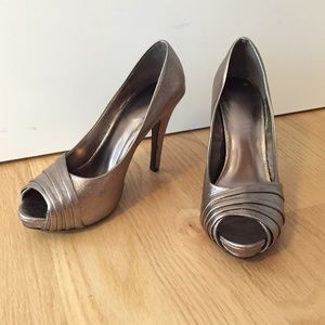 Pewter peep toe heels.