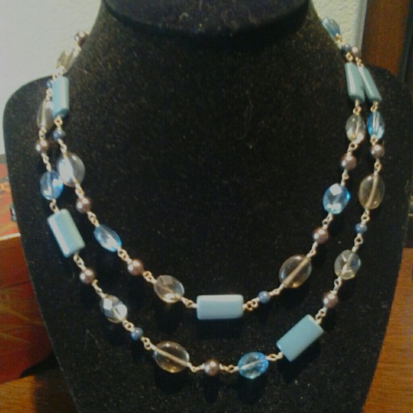 Faux crystal blue, tan and turquoise necklace