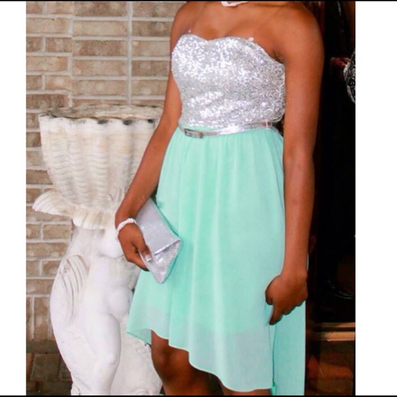 High-Low Sequin Dress in a Light Teal Color - Picture 1 of 2