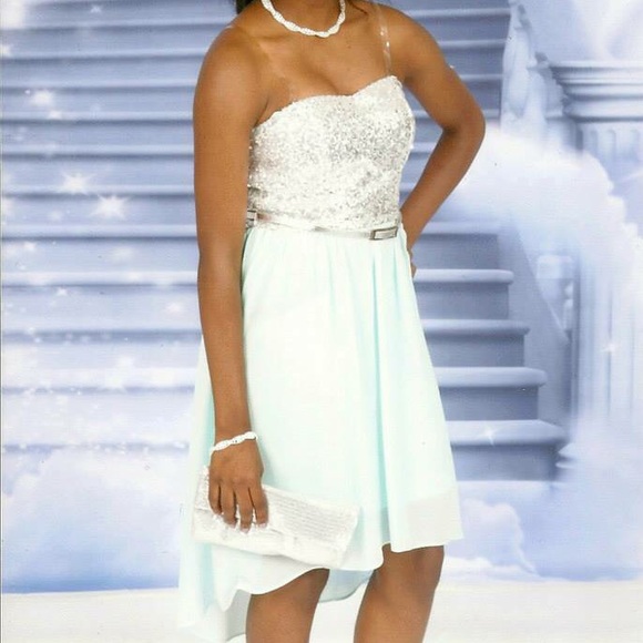 High-Low Sequin Dress in a Light Teal Color - Picture 2 of 2