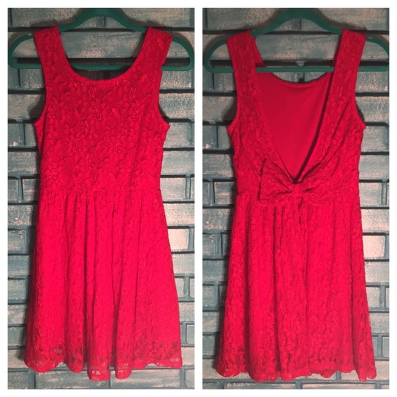 Red Lace Bow Cut Out V Back Dress