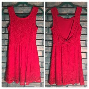 Red Lace Bow Cut Out V Back Dress
