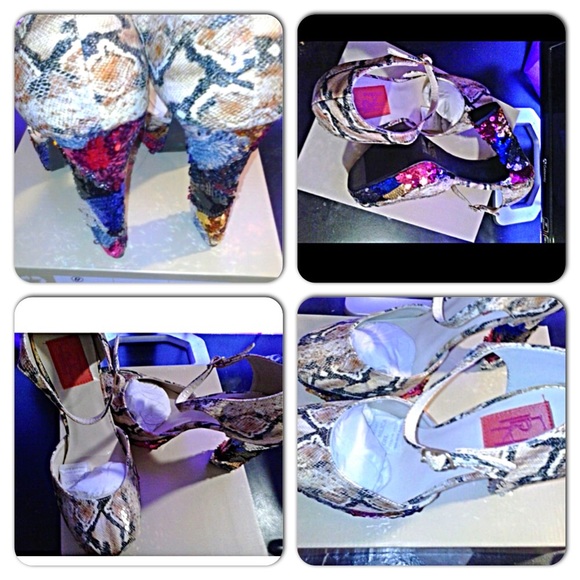 Fahrenheit red leather snake sequin chunky heels