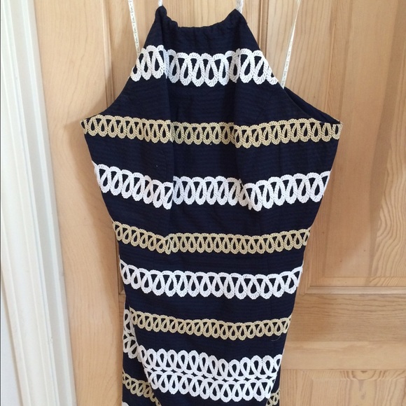 lilly pulitzer navy crochet dress Lilly Pulitzer Dress Wedding Guest Crochet Floral Barbara Midi Navy Gold  Sz8