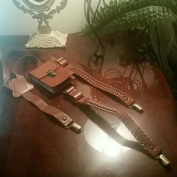 Genuine leather braided suspenders~ brown