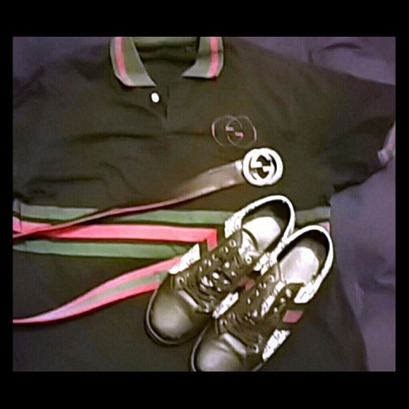 Gucci belt, shoes, and shirt