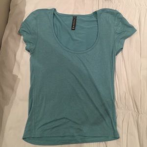 Teal, cropped, tight, short-sleeved shirt