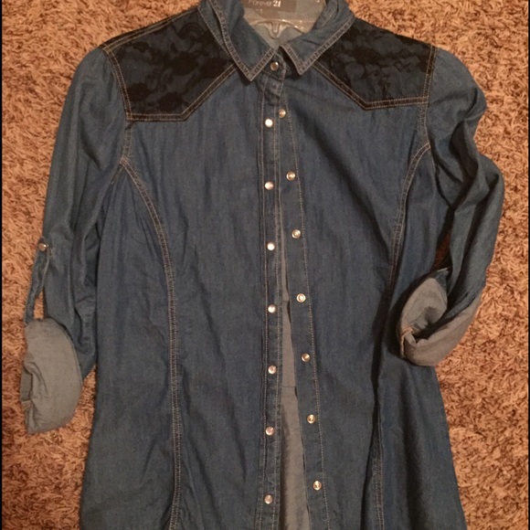 Jean top with black lace accent