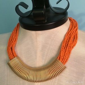 Orange Beaded Wire Necklace & Earring Set