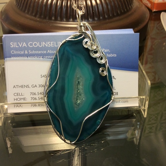 One of a kind green & blue agate slice pendant
