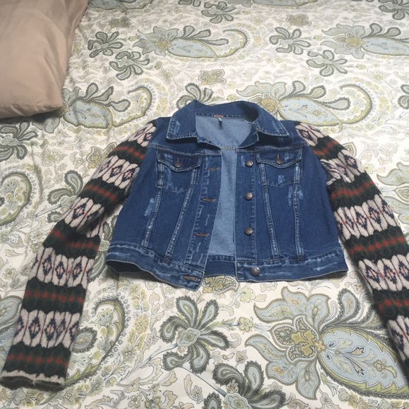 Free People denim jacket with patterned sleeves