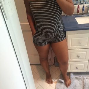 Striped cotton romper with pockets