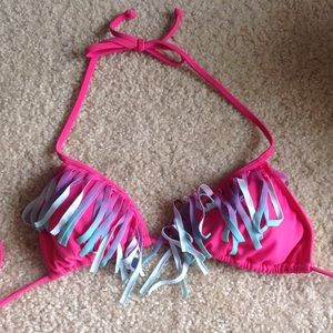 Magenta bikini top with purple and blue ruffles