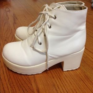 Lace up, high heeled, retro, white ankle boots