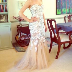 Jovani Silver, White, and Beige Sequin Prom Dress