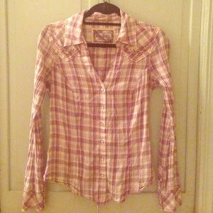GUESS Pink, Purple, and Gold Plaid Flannel