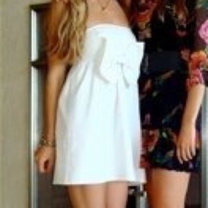 Aqua white strapless dress with bow in front