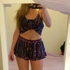 Two piece striped ikat crop top & ruffle shorts