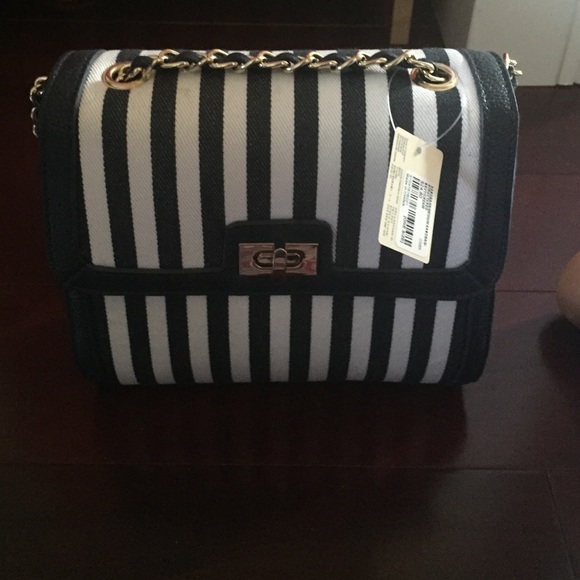 Navy and white striped cross body purse