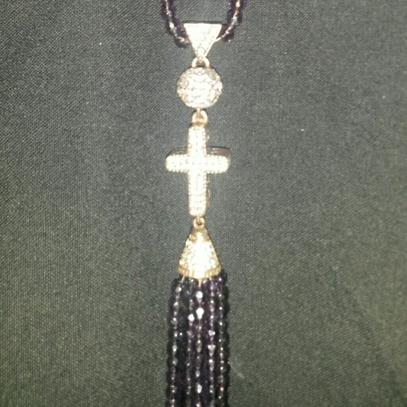 Druzy Cross Amethyst Baroque Pearl Tassel Necklace - Picture 1 of 4
