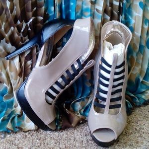 Taupe and black peep toe