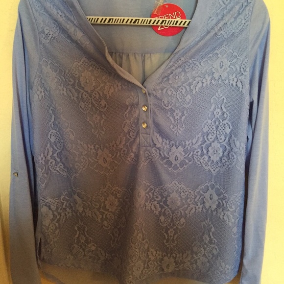 Purple Blue chiffon lace button up blouse
