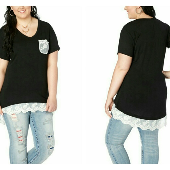 NWT Black Lace Trim Pocket Tee