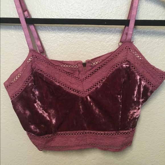 Pink velvet crop top with crochet detailing