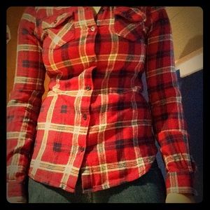 Flannel maroon and blue and yellow(ish)