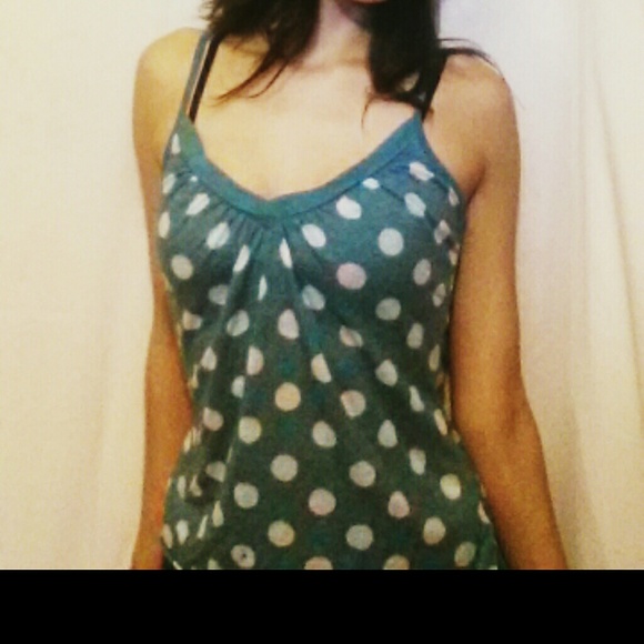 Blue and white polka dot tank top.