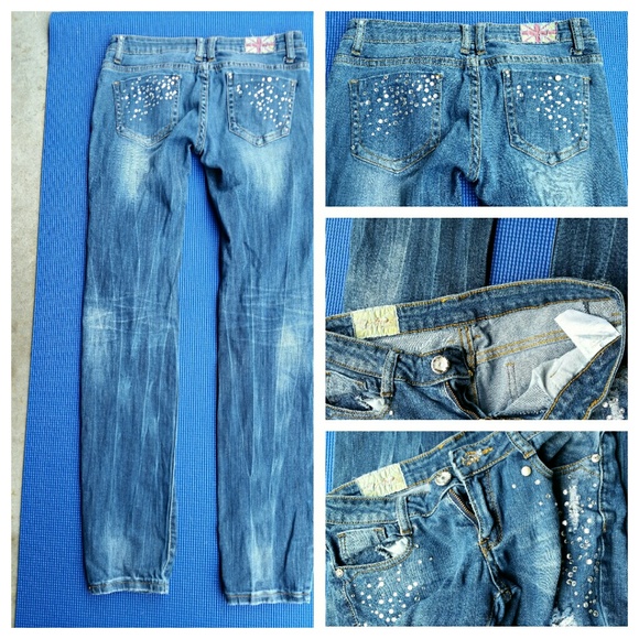 Machine Distressed Ripped Jeans  Rhinestone Pocket - Picture 2 of 3